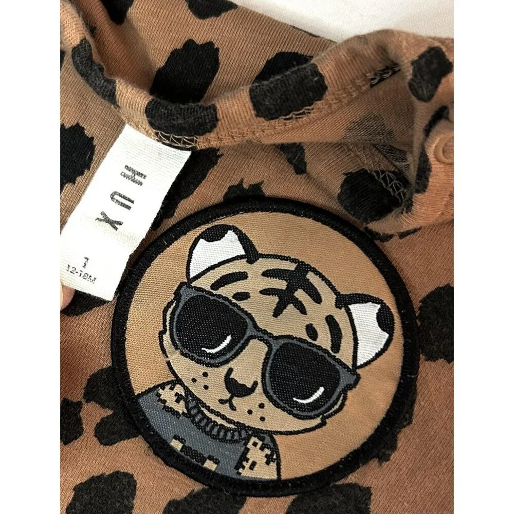 Huxbaby Romper Baby‎ 12-18 Months Brown Leopard Print Cat Patch Organic Cotton